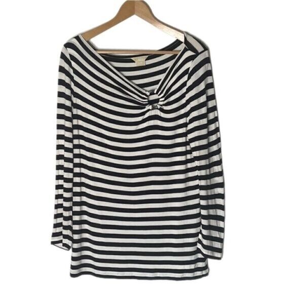 Michael Michael Kors Black & White Stripe Logo Ring Accent Long Sleeve Top - Picture 1 of 5